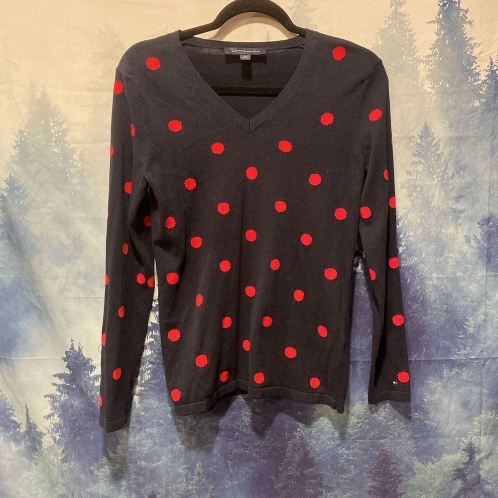 Tommy Hilfiger Womens (M) V-Neck Sweater Blue/Red Polka Dots Cotton.